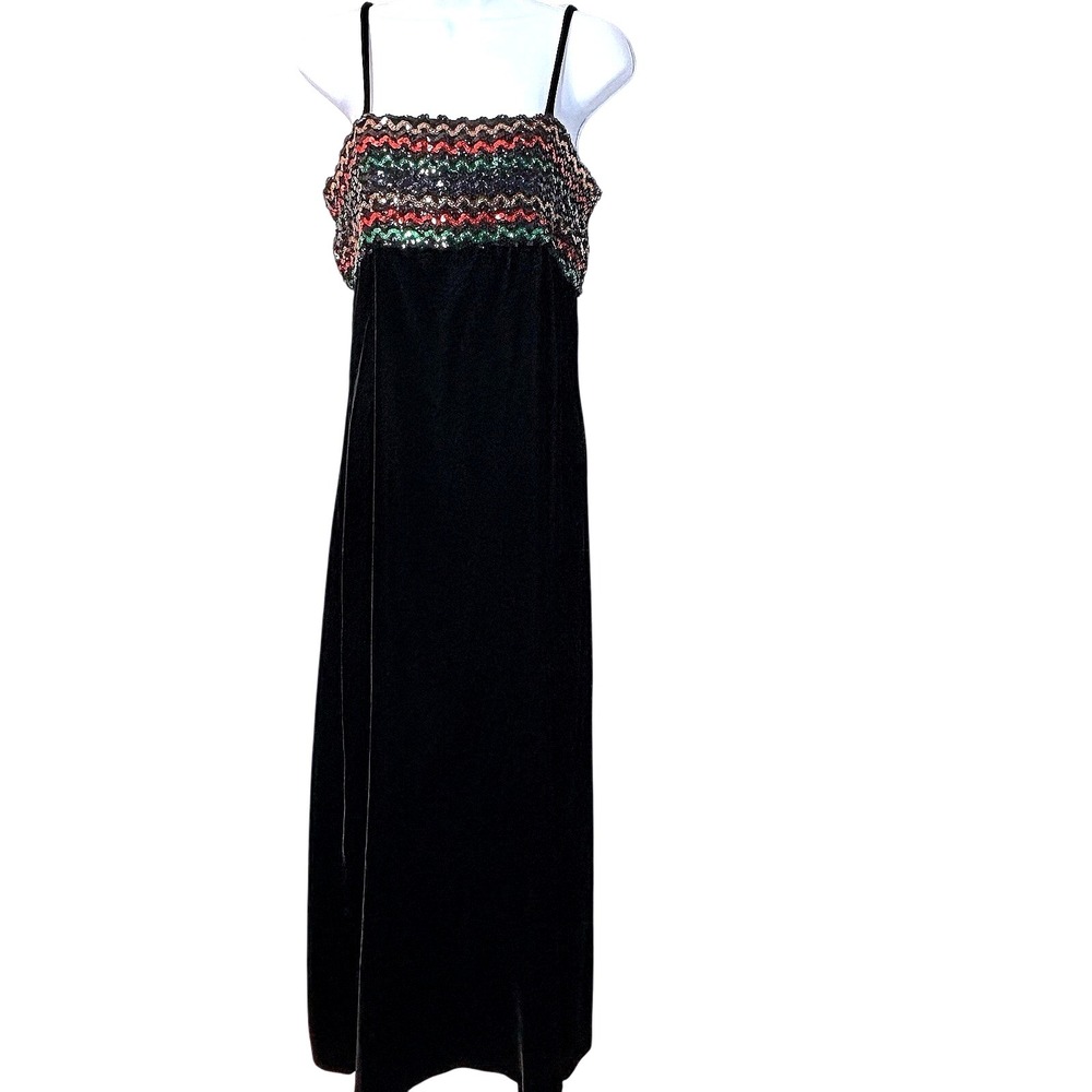 Vintage 70s Black Maxi Dress Sequined Small (Tagged 13) Retro Cocktail Evening‎